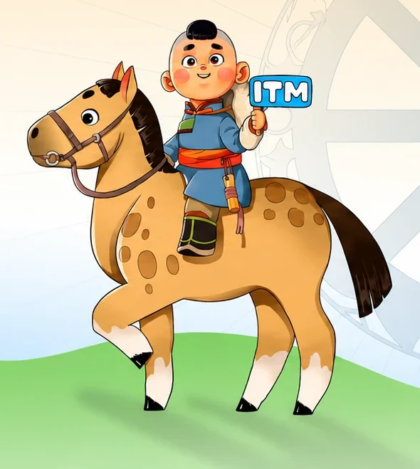 ITM 2026 mascot: a boy in a blue deel riding a horse, holding an ITM sign